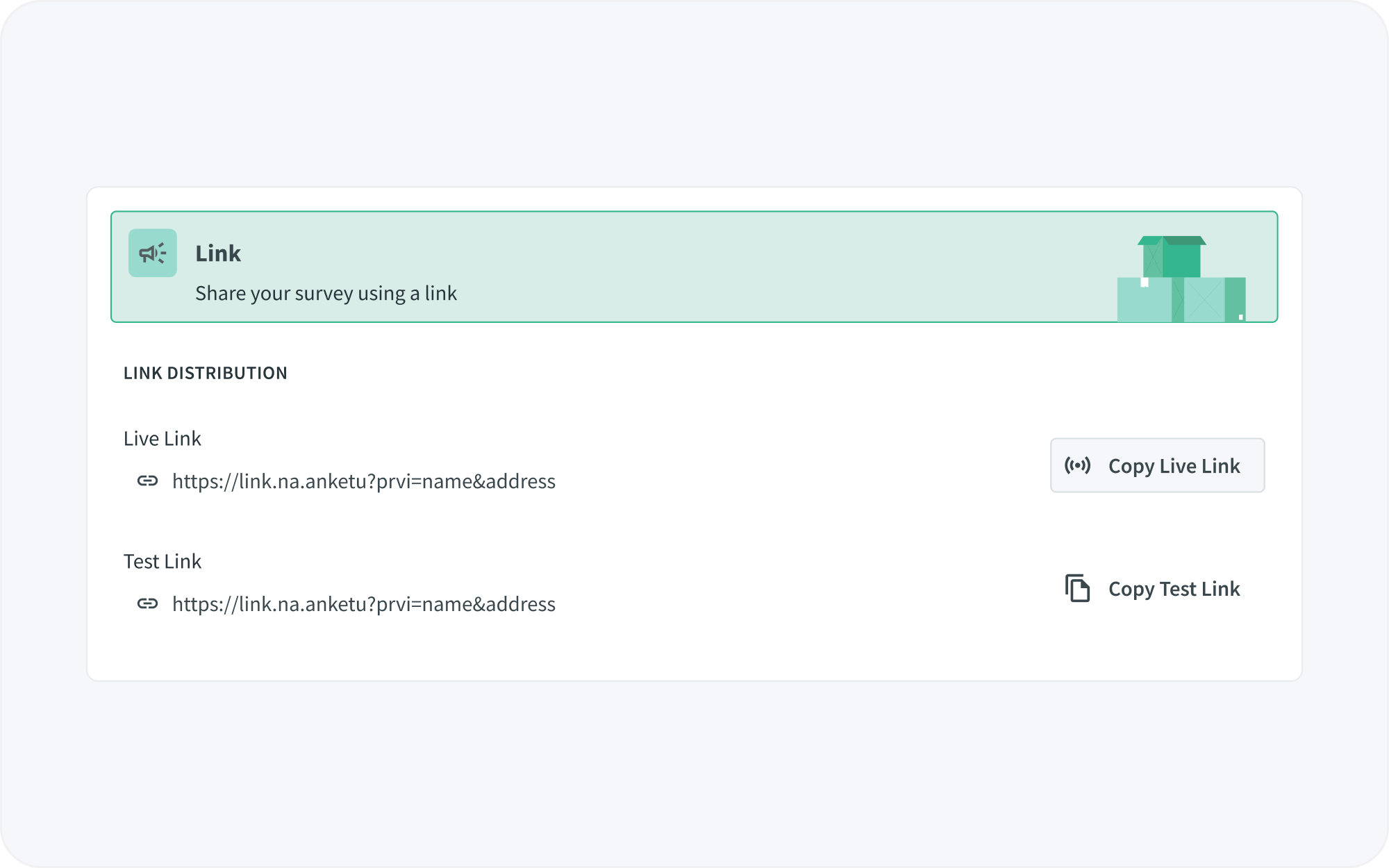 Link distribution — share your survey using a live or test link